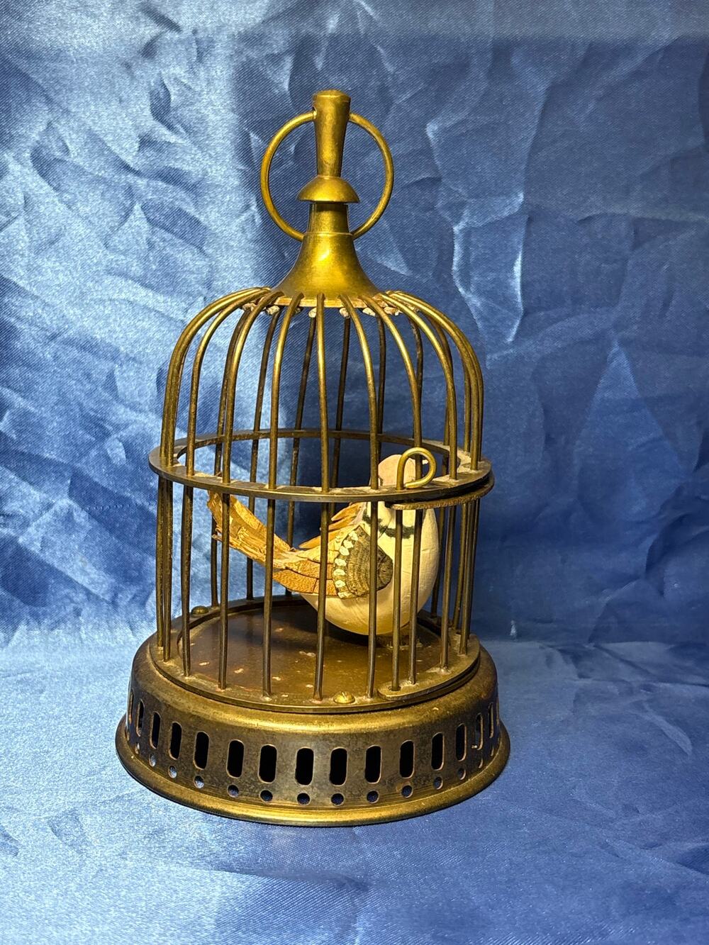 Vintage Brass Hanging Small Bird Cage with Small Bird